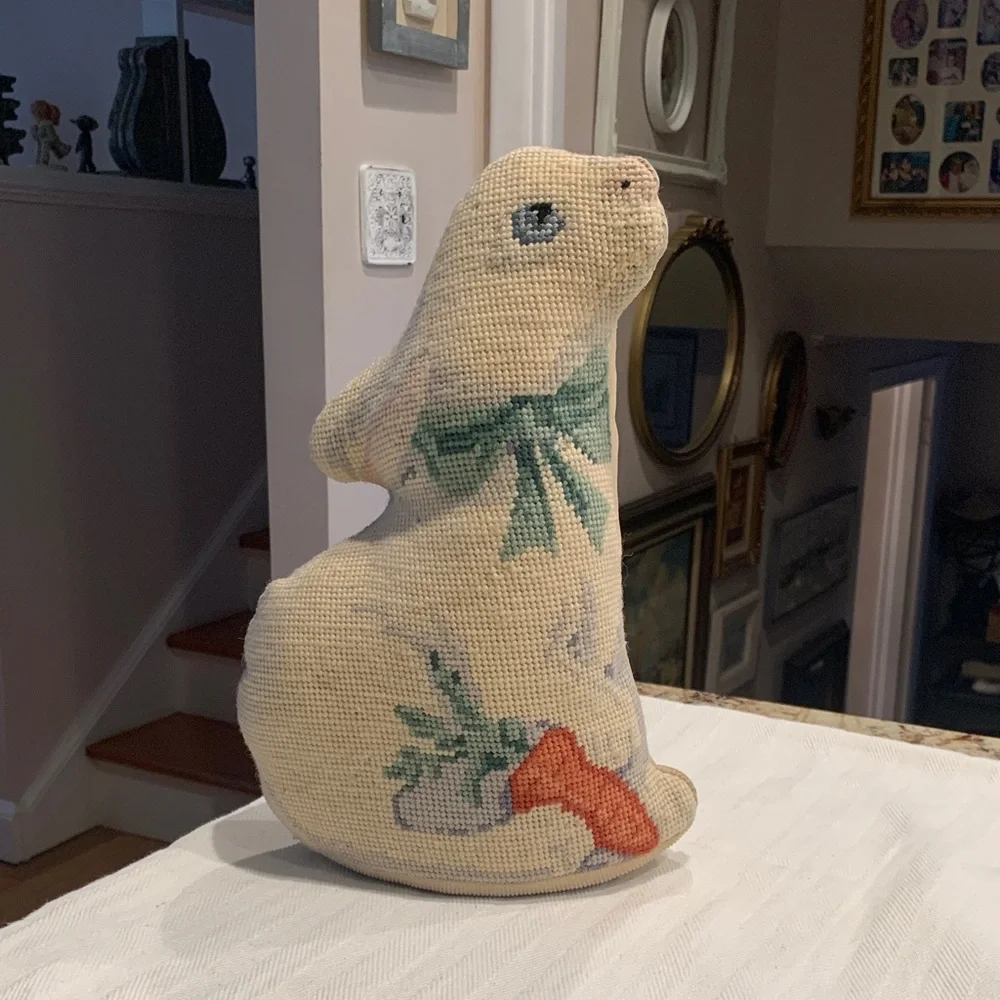 Vintage Needlepoint Rabbit Pillow, Cottagecore Decor